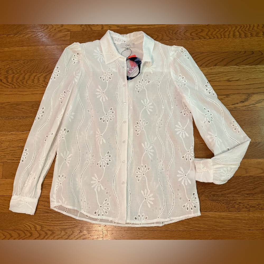 Ovi boho White Eyelet Button-Up Blouse size M - Picture 9 of 13